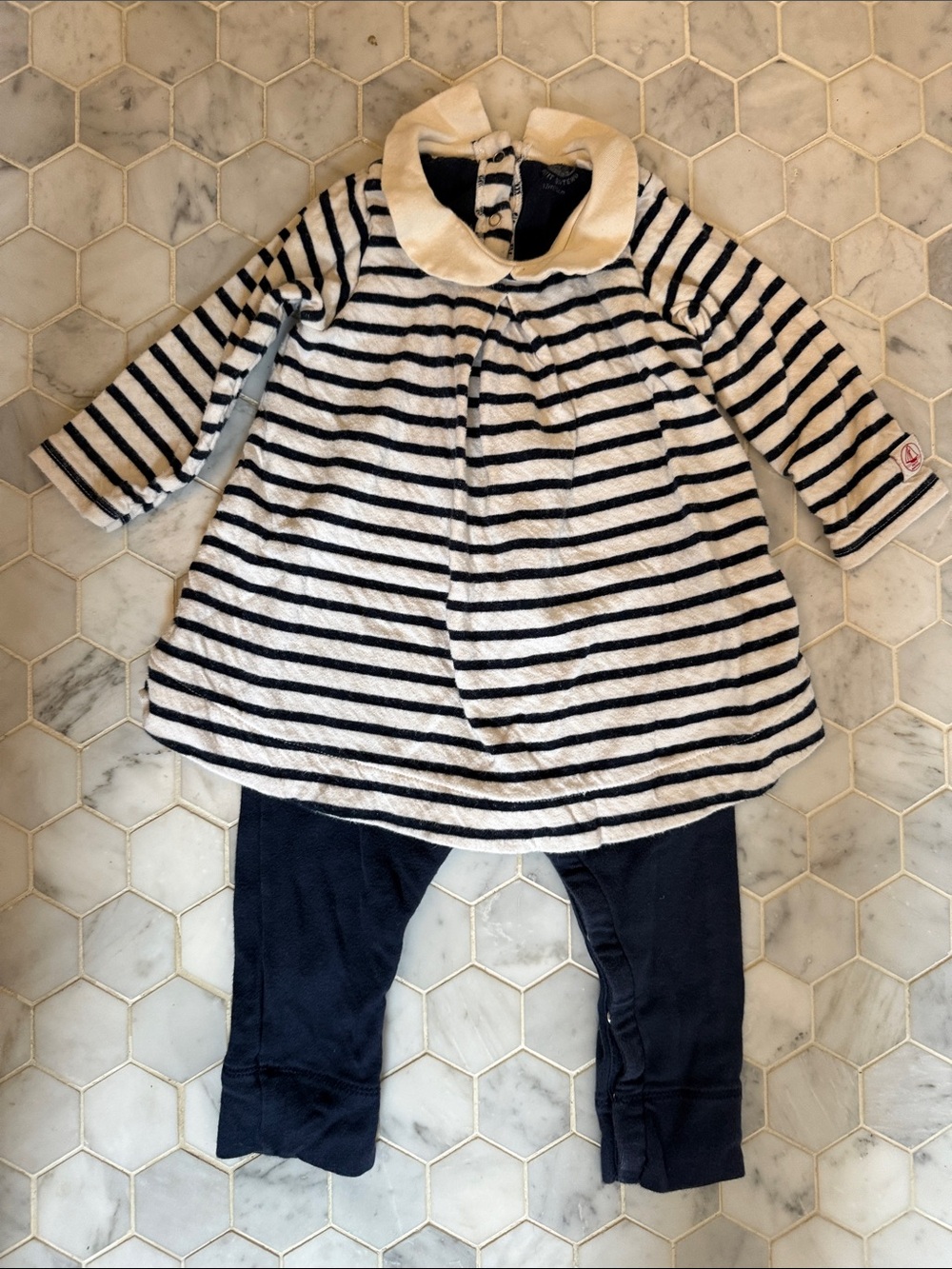 Petit Bateau Striped Navy & Cream Baby Dress with Navy bottoms